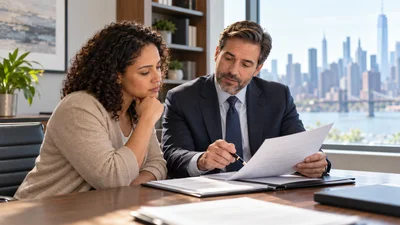 A beneficiary reviews delayed life insurance claim documents with an attorney in a New York office.