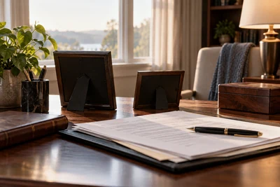 Life insurance paperwork and family photo frames on a desk.