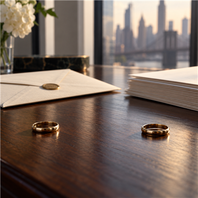 Wedding rings placed apart beside blank insurance documents, representing a life insurance beneficiary dispute after divorce.