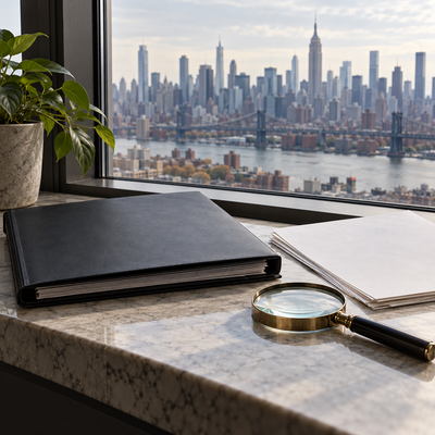Unmarked insurance folder and magnifying glass beside a New York skyline