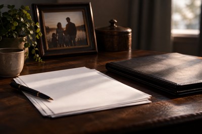 Life insurance claim documents, a magnifying glass, and legal materials arranged on an attorney's desk.